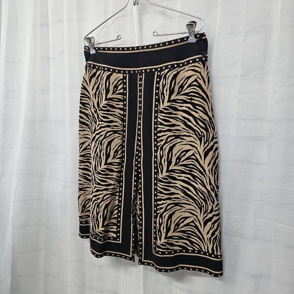 Silkland Tan Black Animal Print Pleated A-Line Skirt Tribal Safari Office 6 - Picture 5 of 14